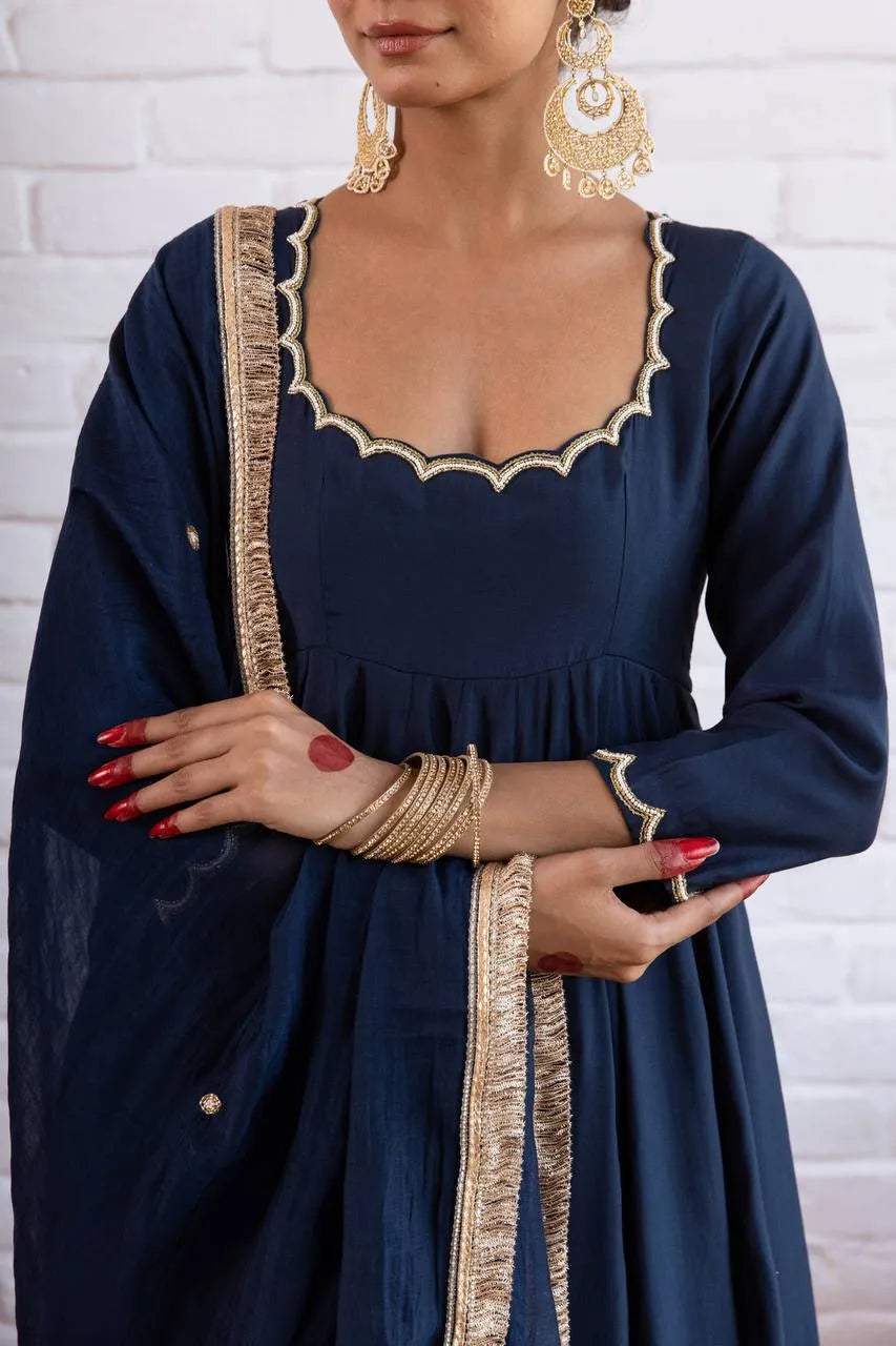 Navy Blue Vichitra Silk Beaded Anarkali Set