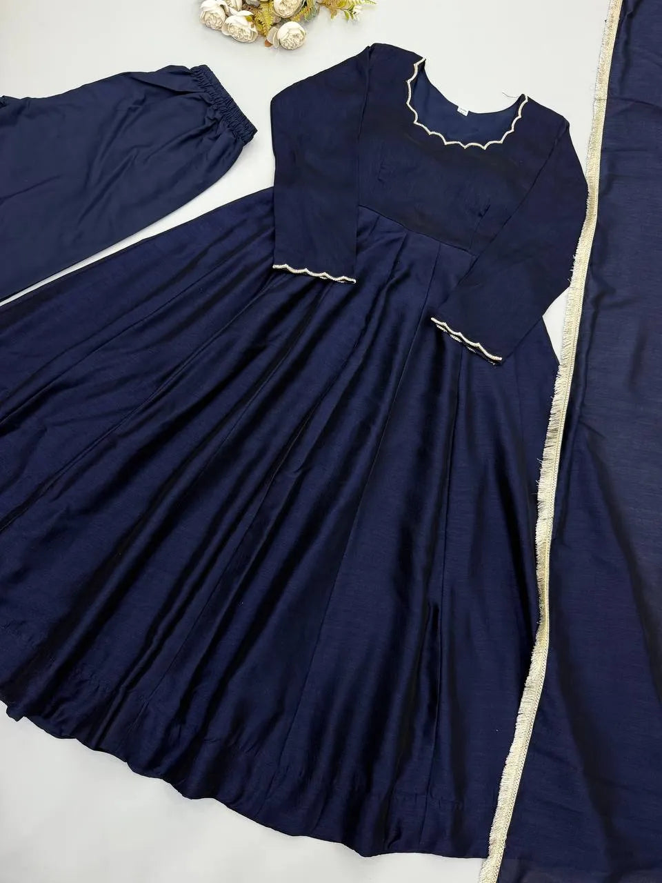 Navy Blue Vichitra Silk Beaded Anarkali Set