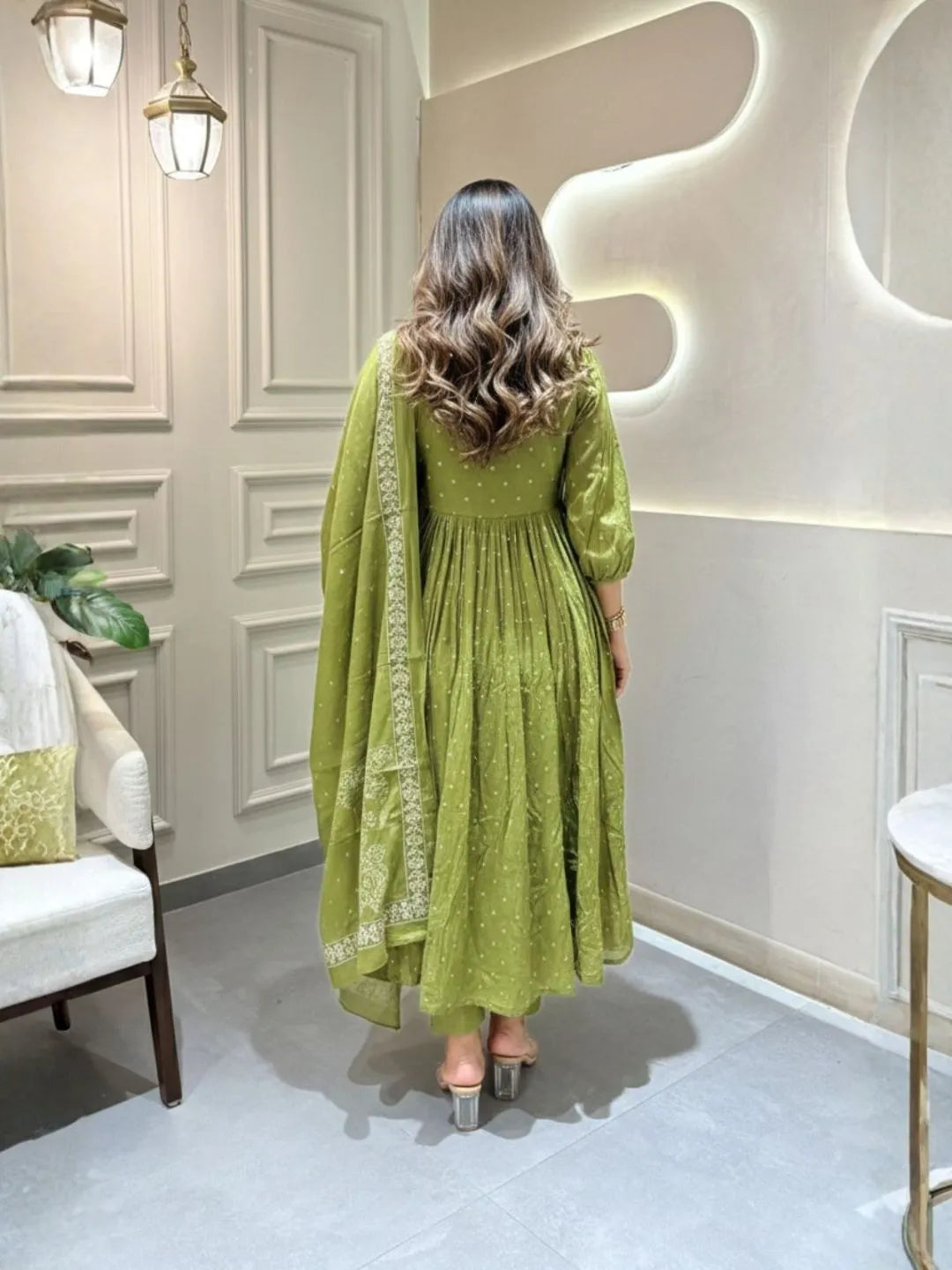 olive green anarkali kurta set for women