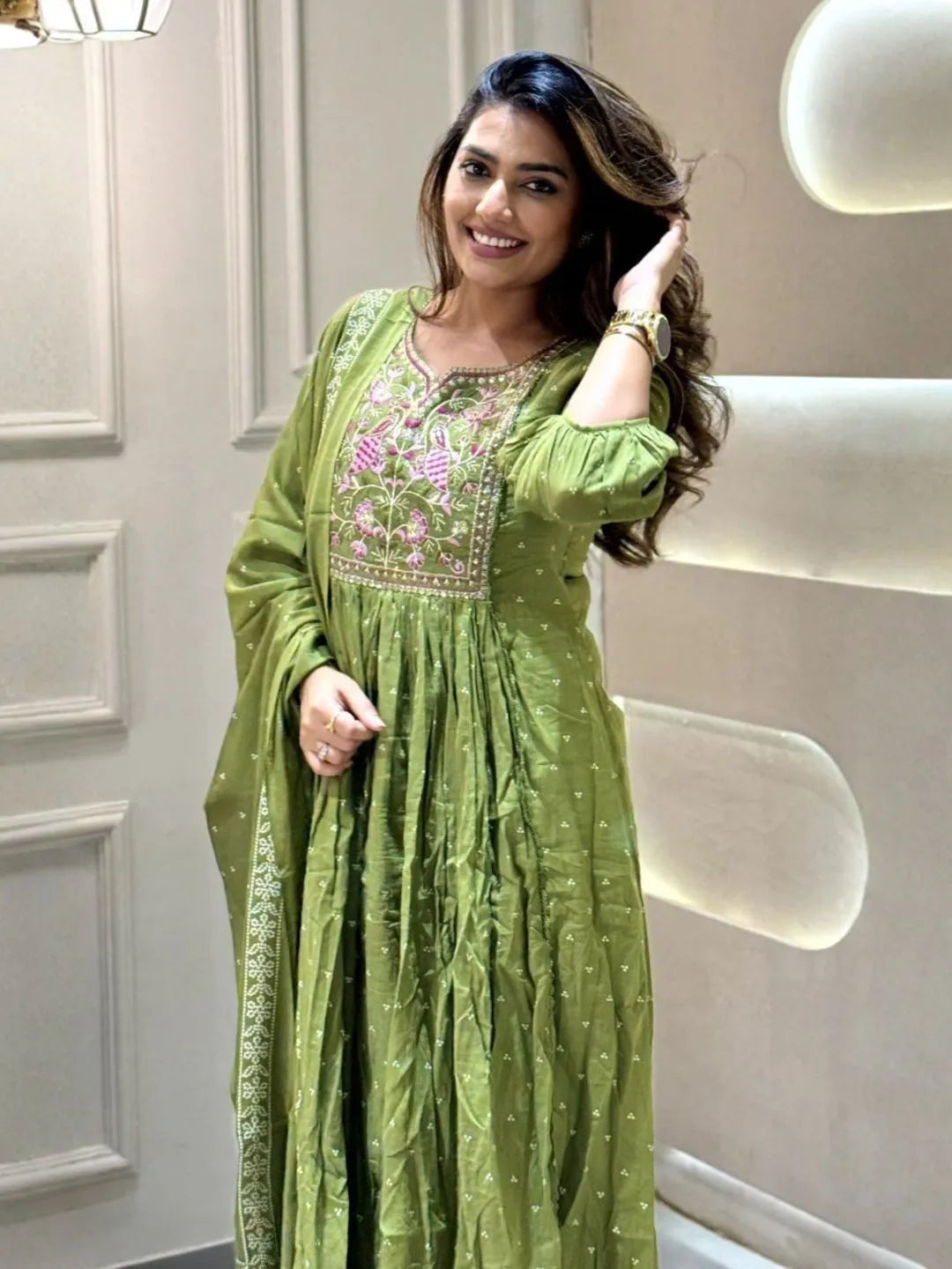 olive green anarkali kurta set