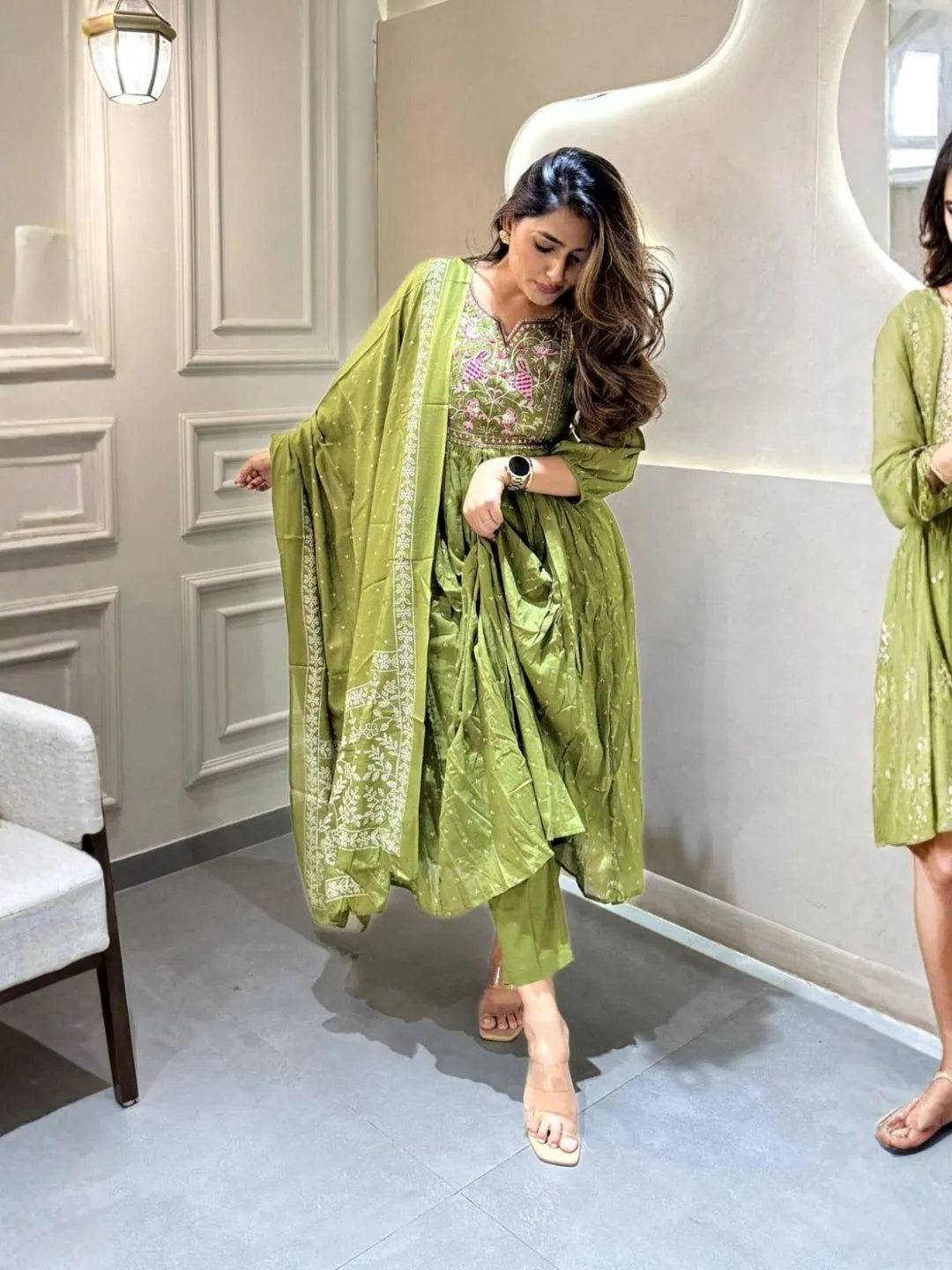 olive green embroidered cotton anarkali kurta set