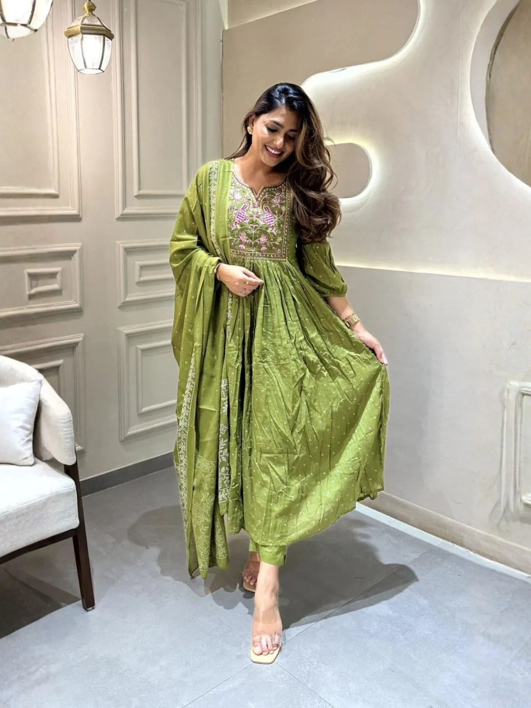 olive green embroidered cotton anarkali kurta set