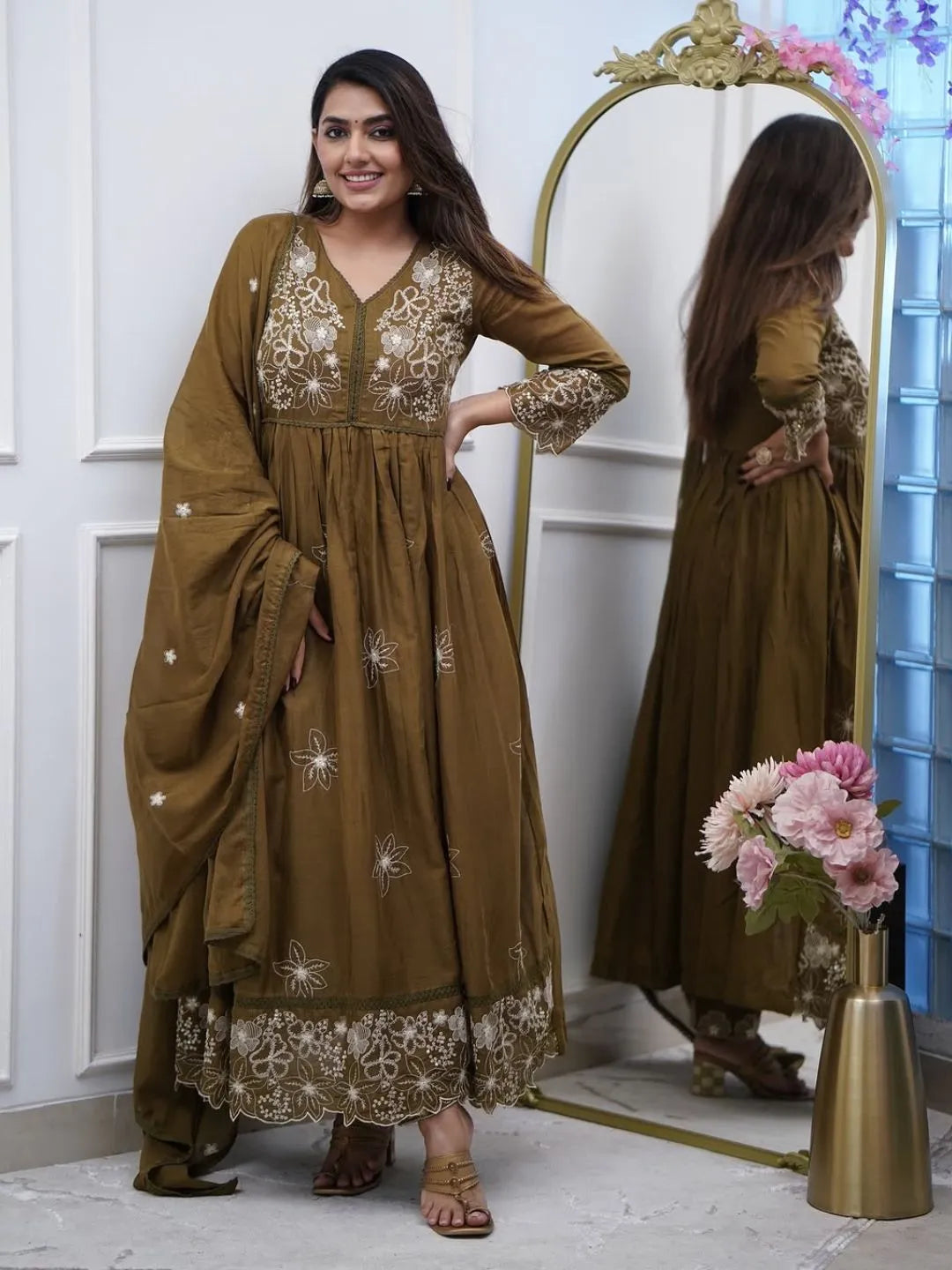 olive green embroidered cotton silk kurta set