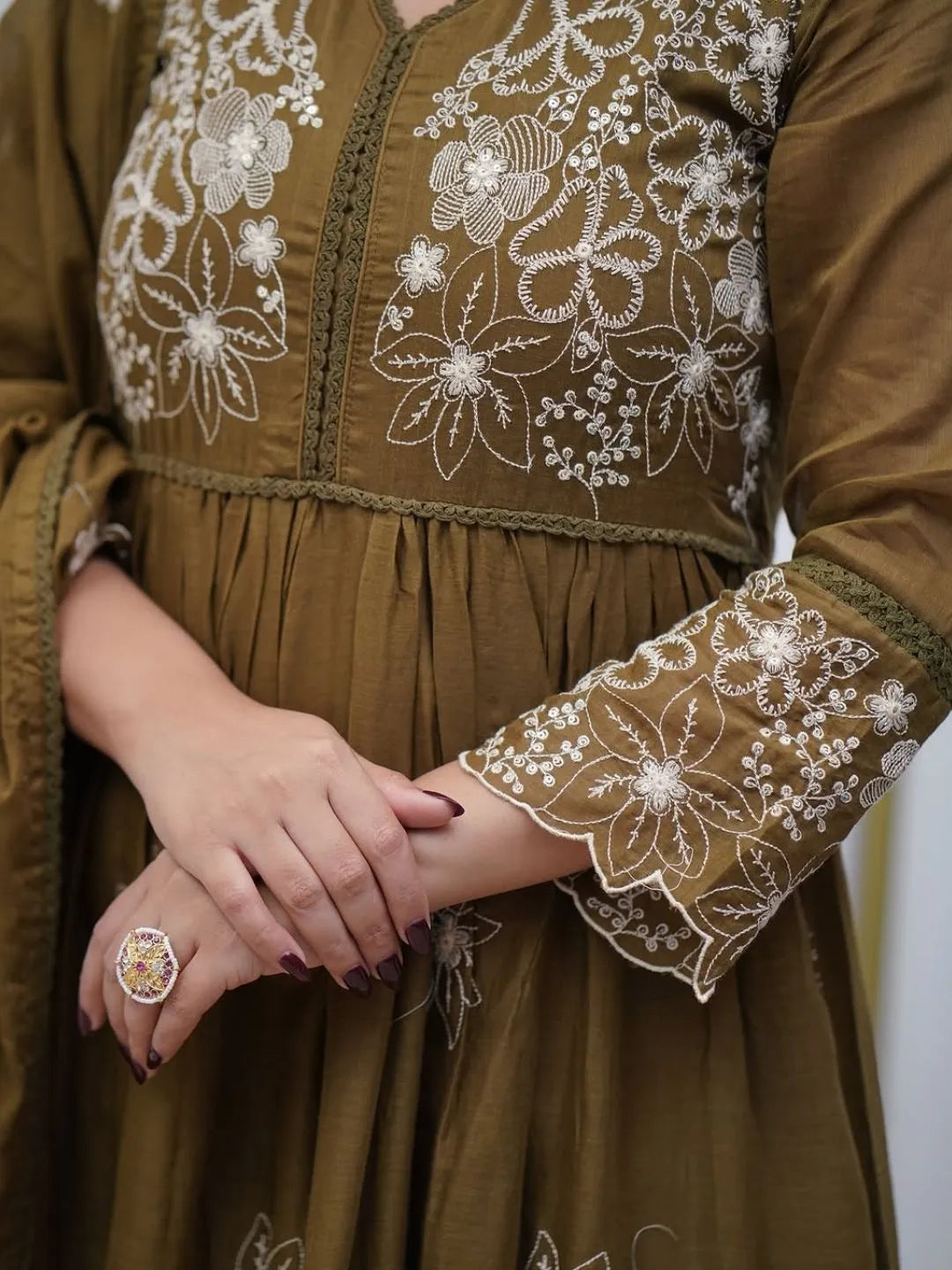 olive green silk kurta set online