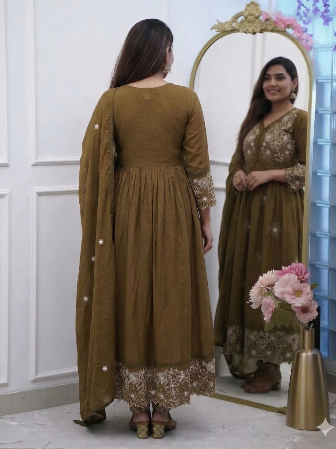 olive green silk kurta set