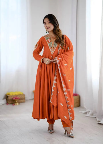 Orange Embroidered Roman Silk Anarkali Set