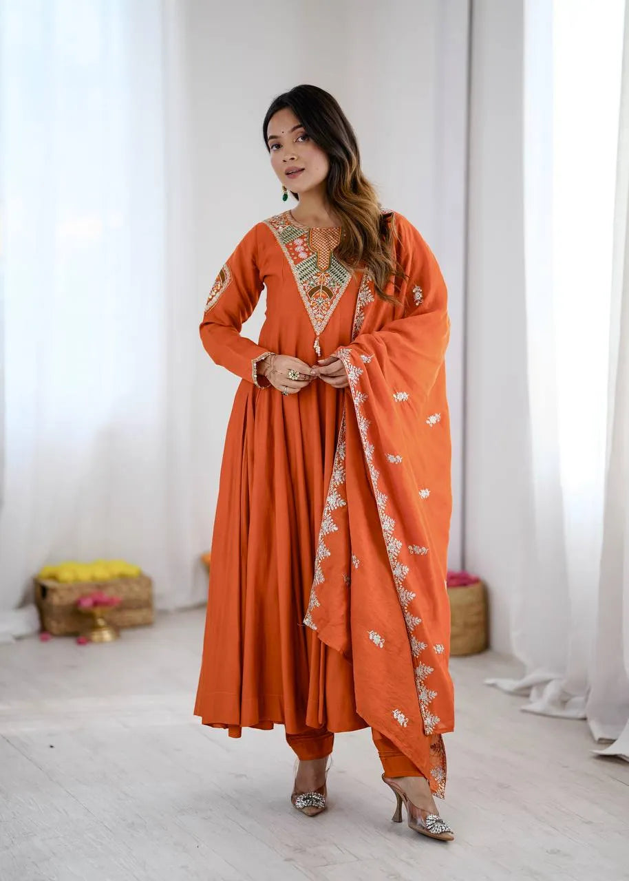 Orange Embroidered Roman Silk Anarkali Set