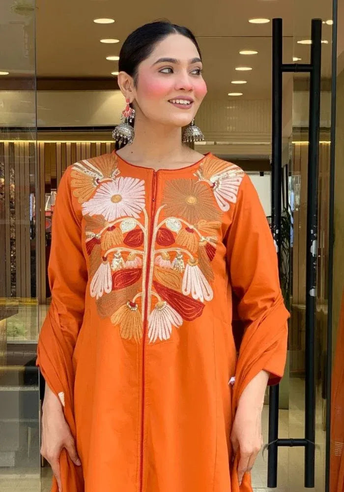 orange chanderi silk kurta set