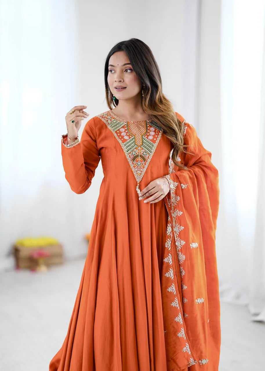 Orange Embroidered Roman Silk Anarkali Set