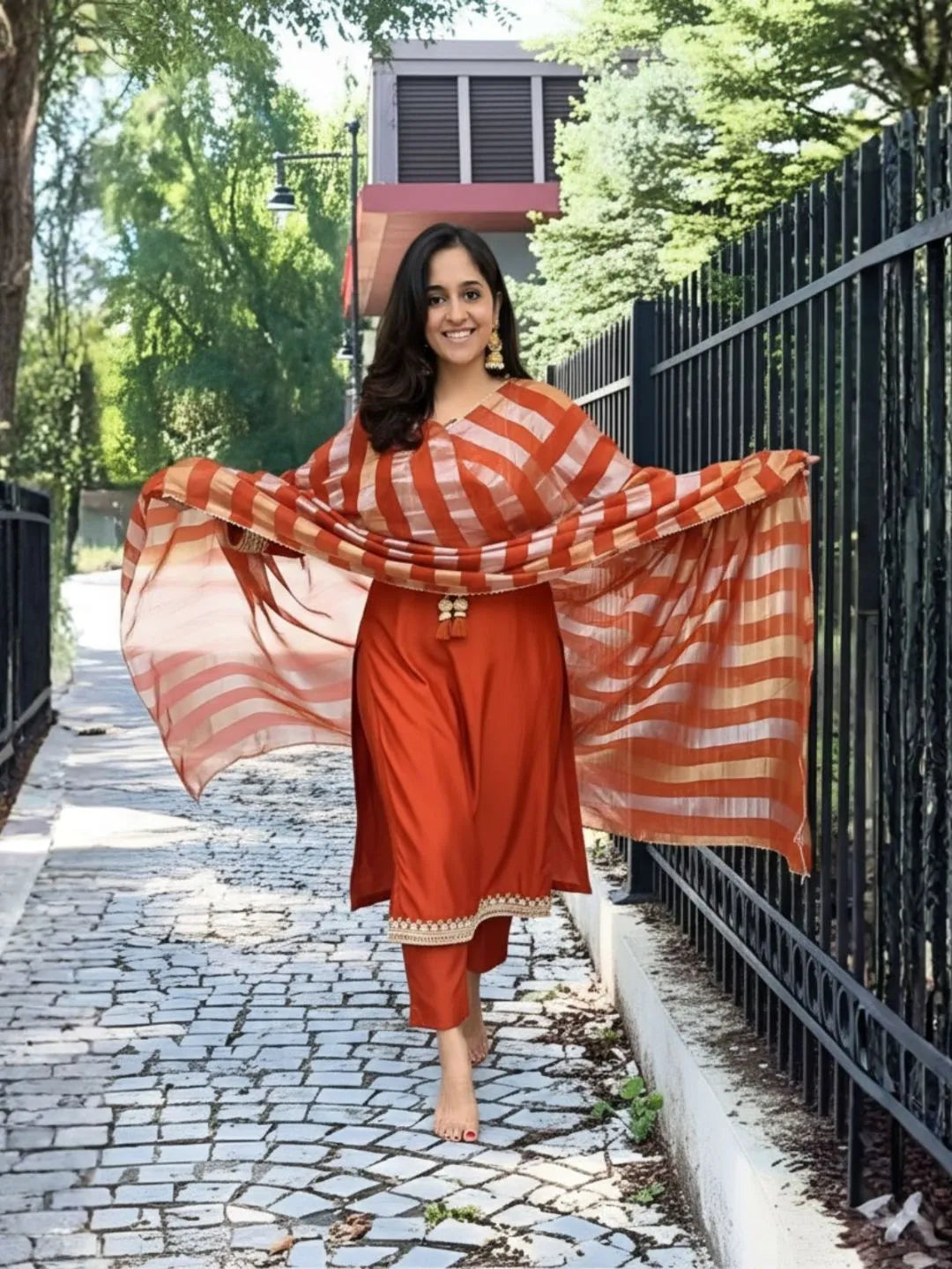 orange embroidered chanderi kurta set
