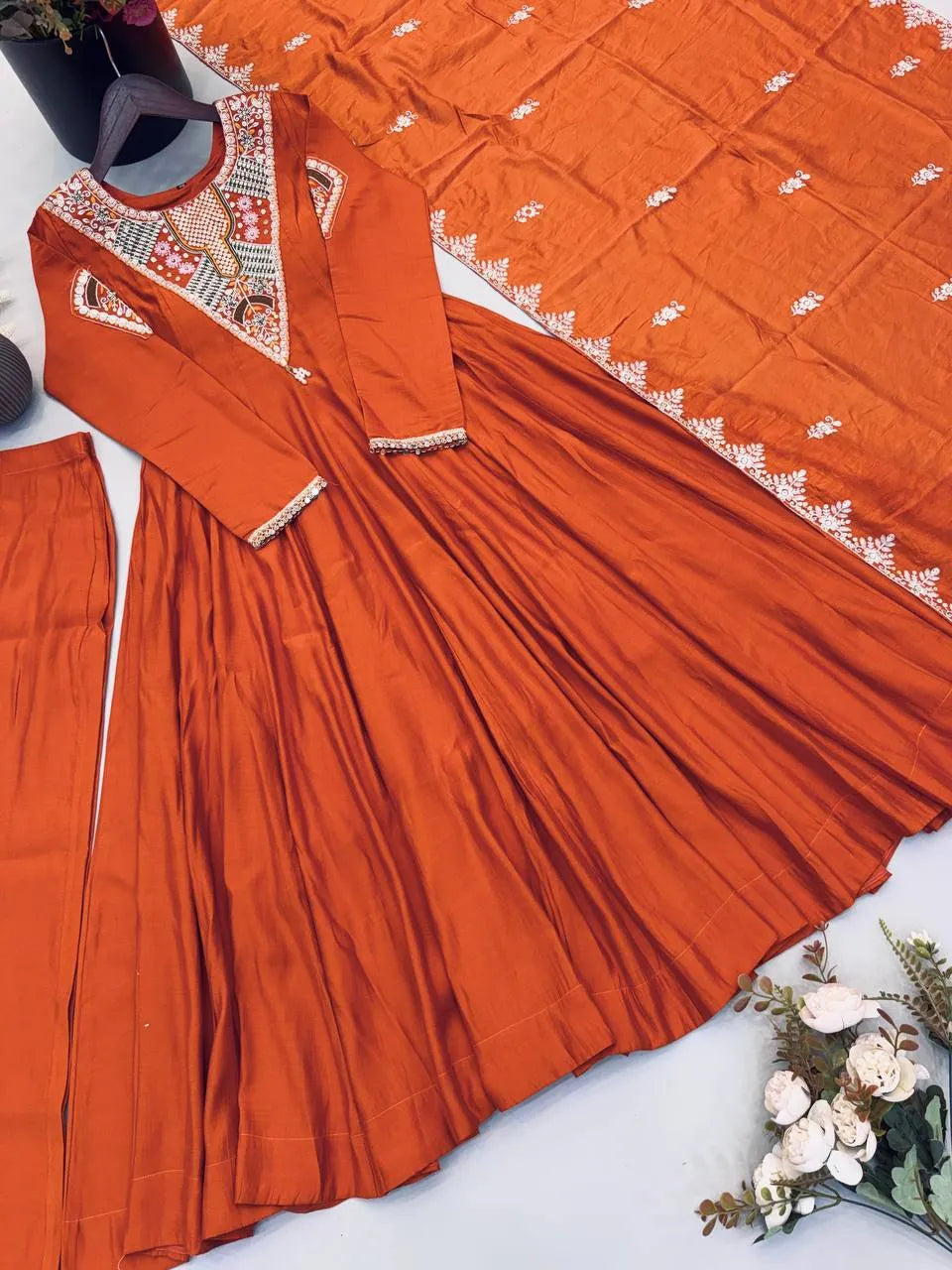 Orange Embroidered Roman Silk Anarkali Set