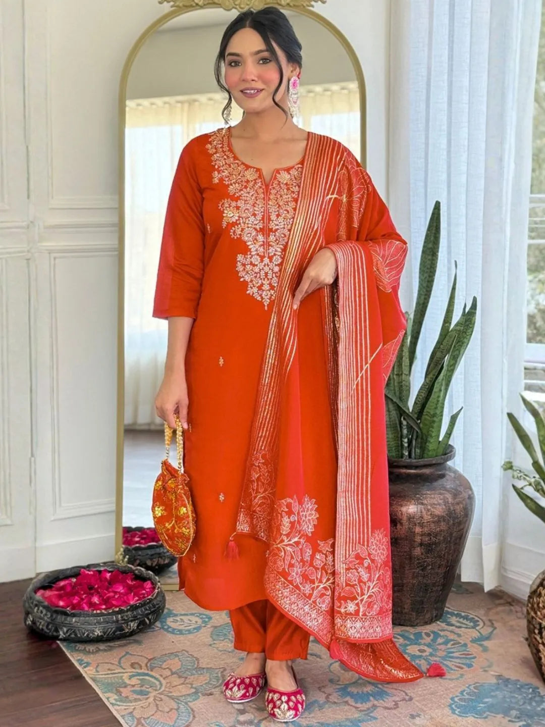 orange embroidered kurta pant set