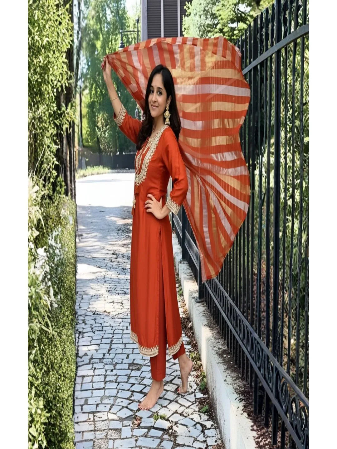 orange embroidered kurta set