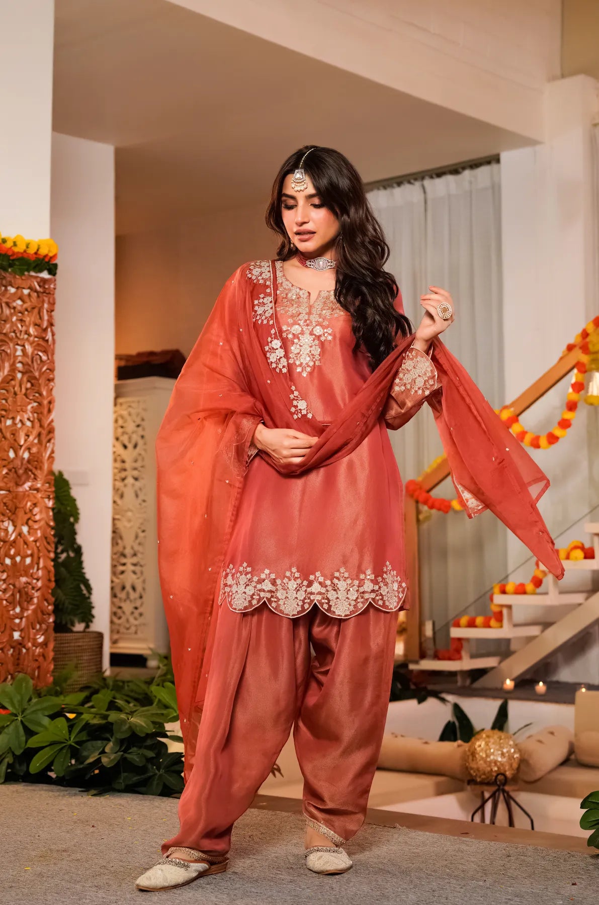 Orange Embroidered Suit Set