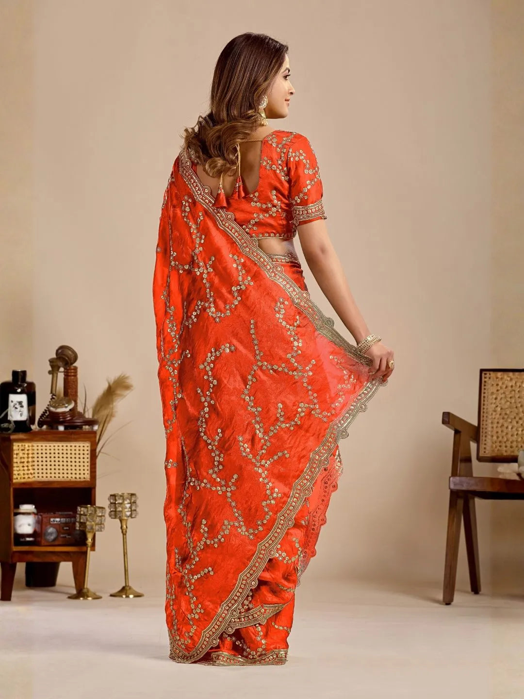 orange embroidered wedding silk saree