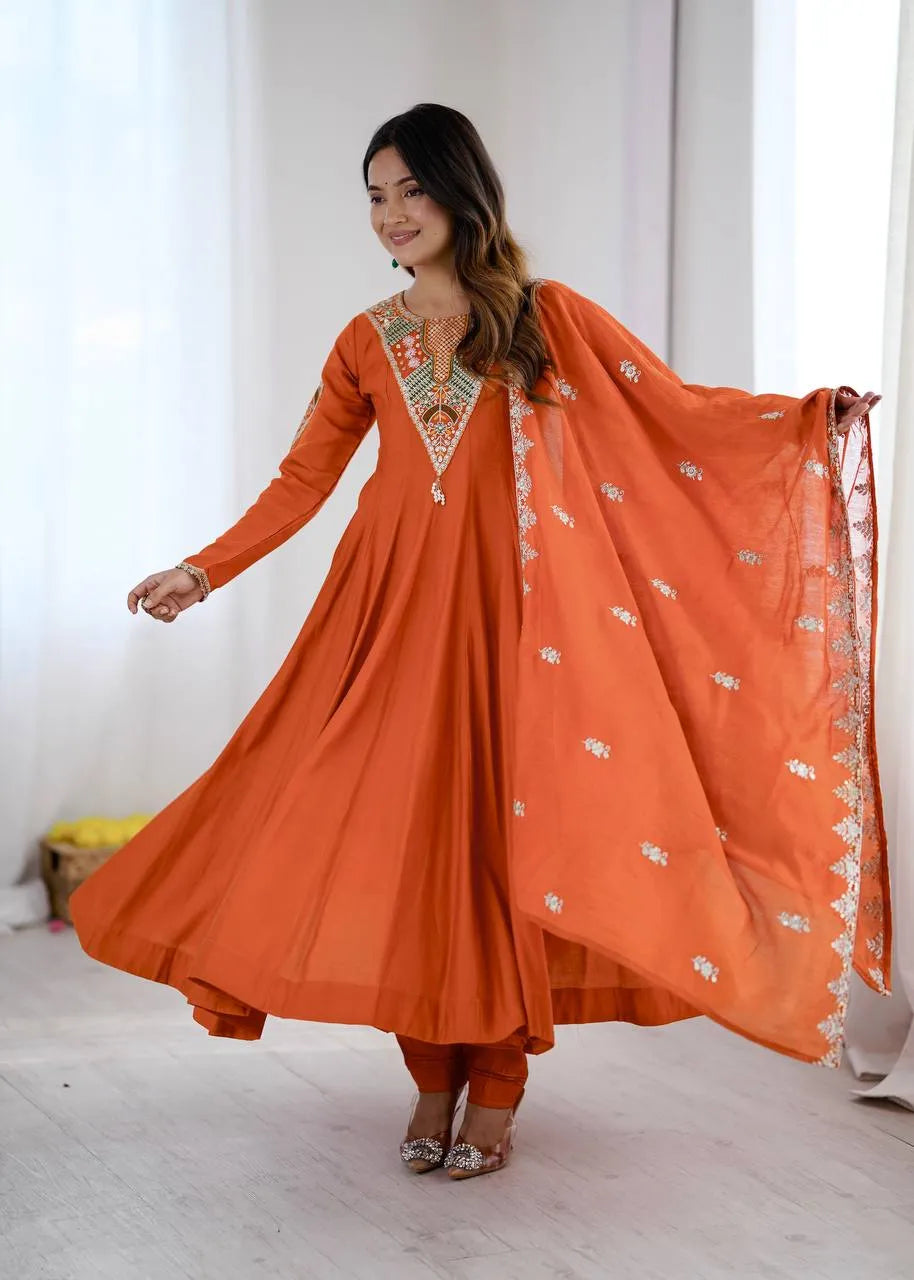 Orange Embroidered Roman Silk Anarkali Set