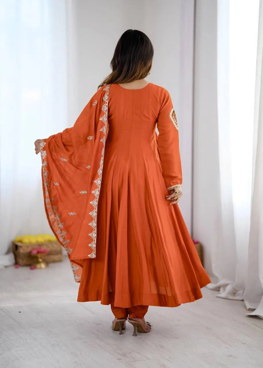 Orange Embroidered Roman Silk Anarkali Set