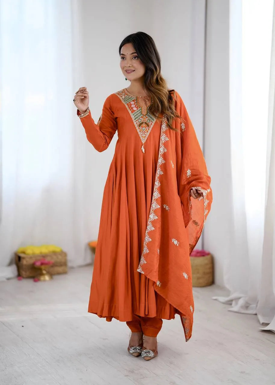 Orange Embroidered Roman Silk Anarkali Set