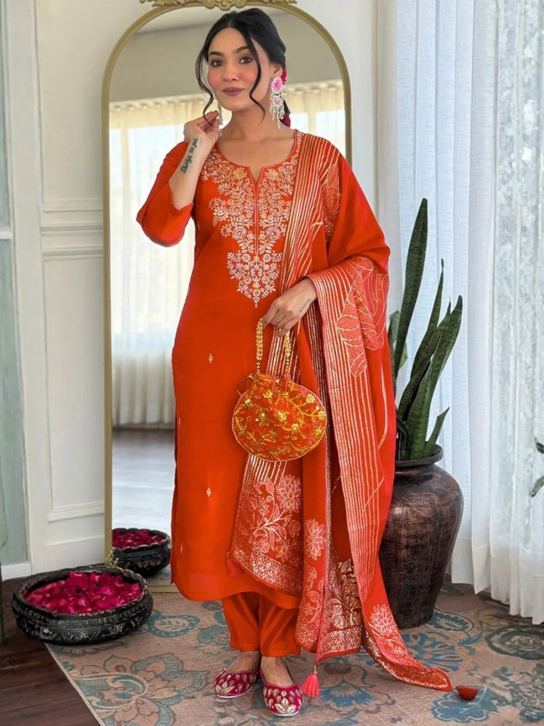 rust orange roman silk embroidered kurta pant set