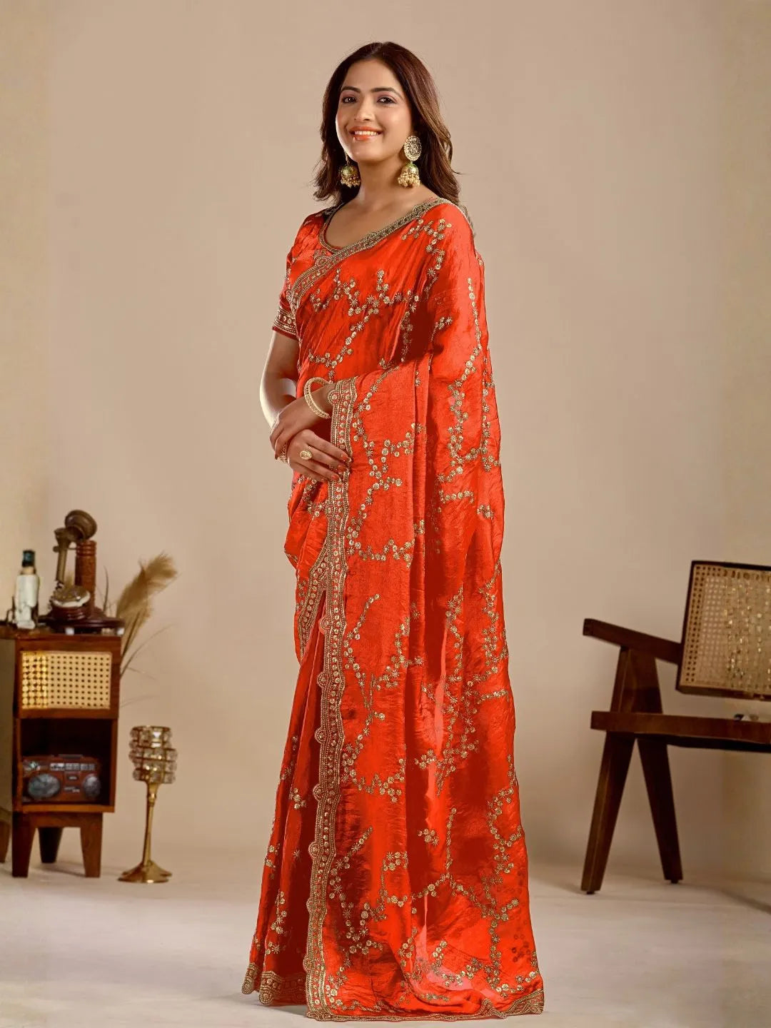 orange embroidered silk saree