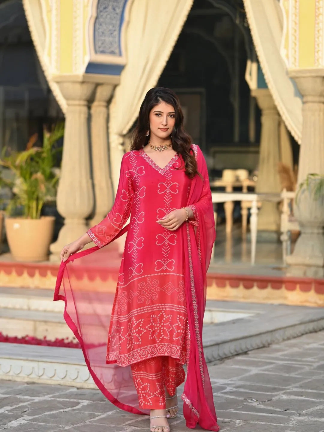 peach chinnon silk kurta set