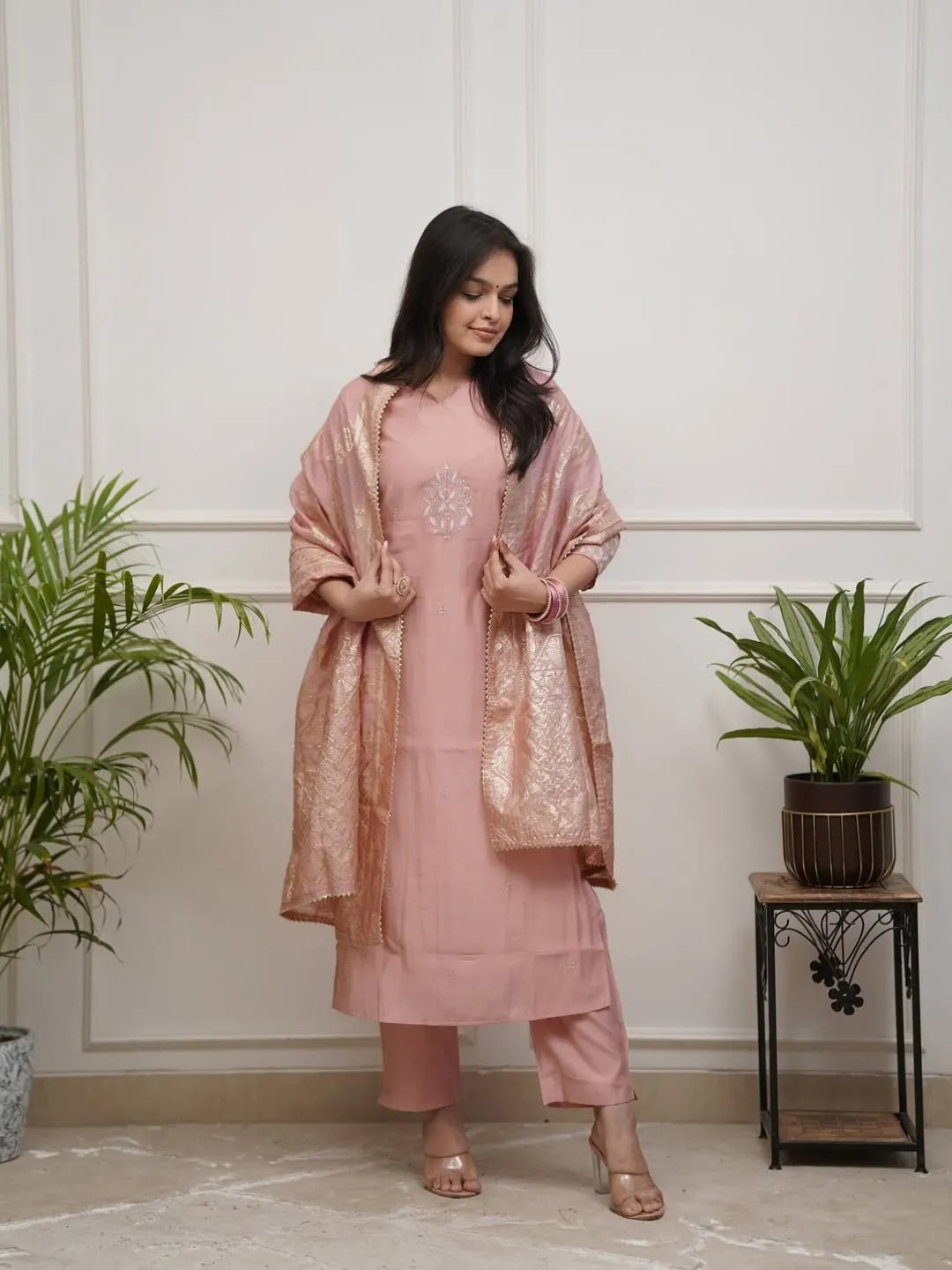 peach embroidered chanderi kurta pant set