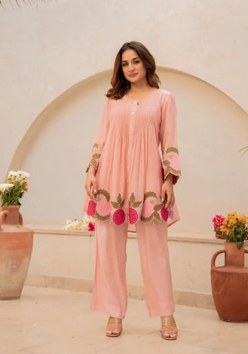 peach embroidered chanderi silk co-ord set