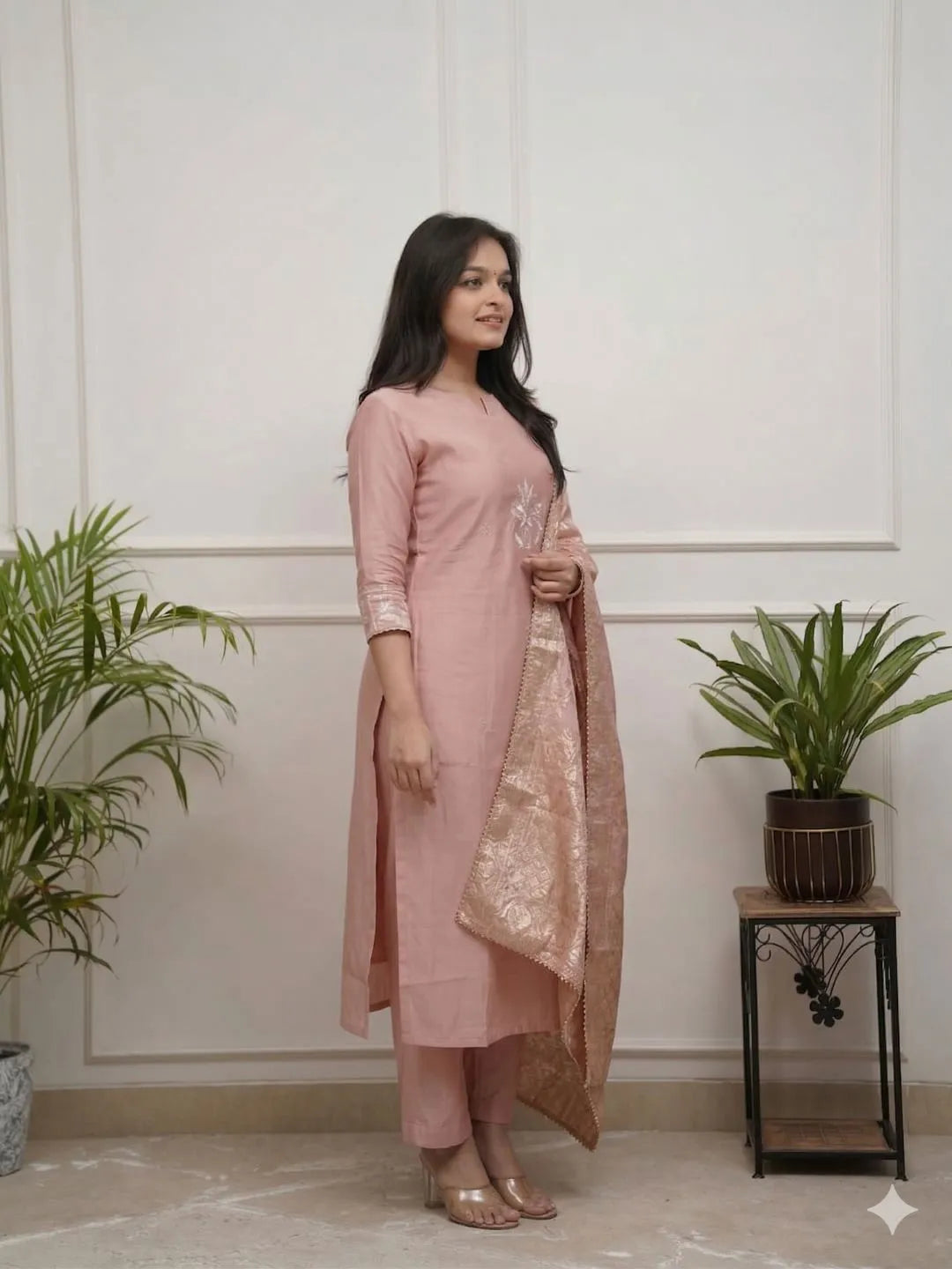 peach embroidered kurta pant set
