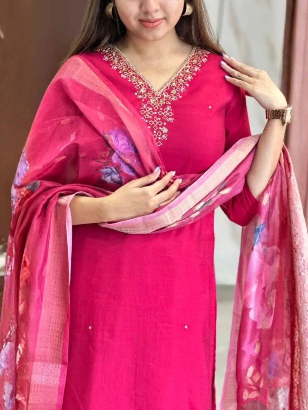 pink chanderi embroidered kurta set
