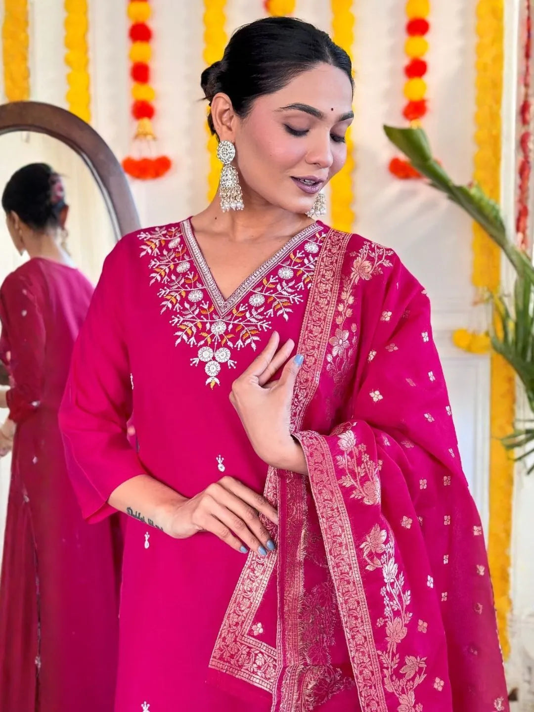 pink chanderi kurta pant set