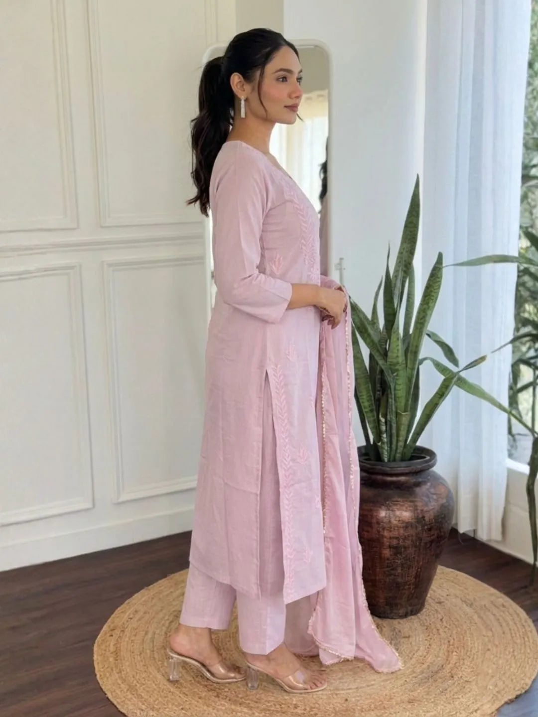 pink cotton embroidered kurta pant