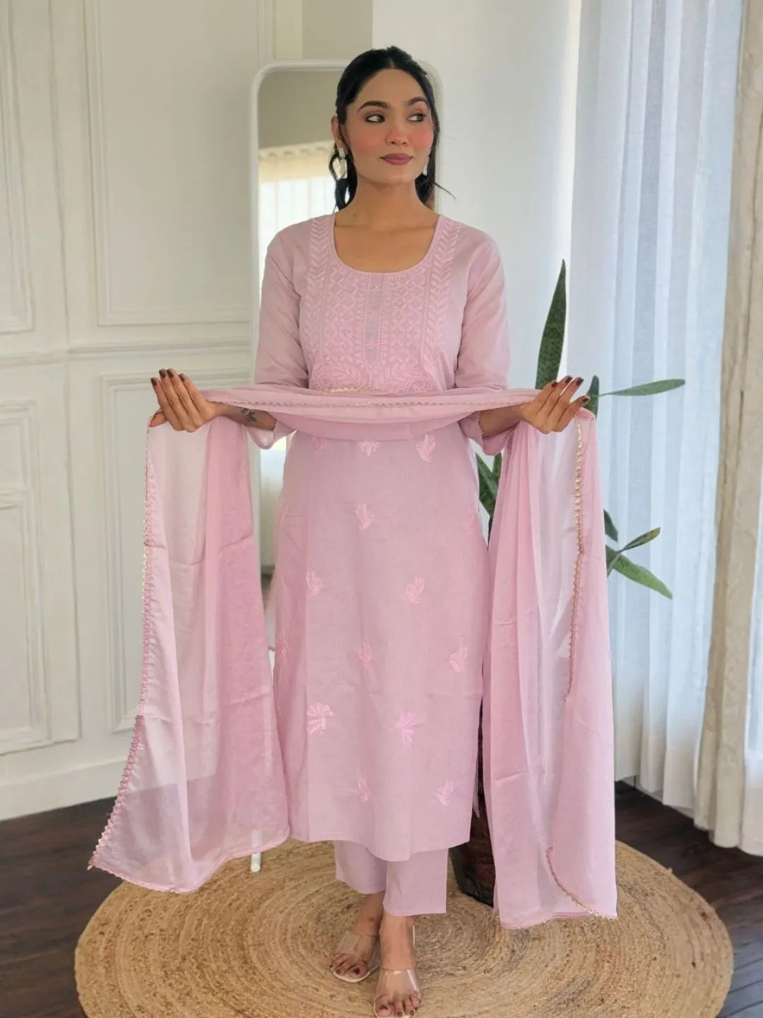 pink cotton embroidered kurta set