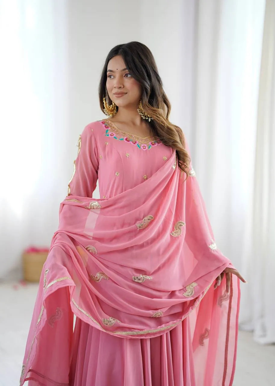 Pink Embroidered Flared Anarkali Suit
