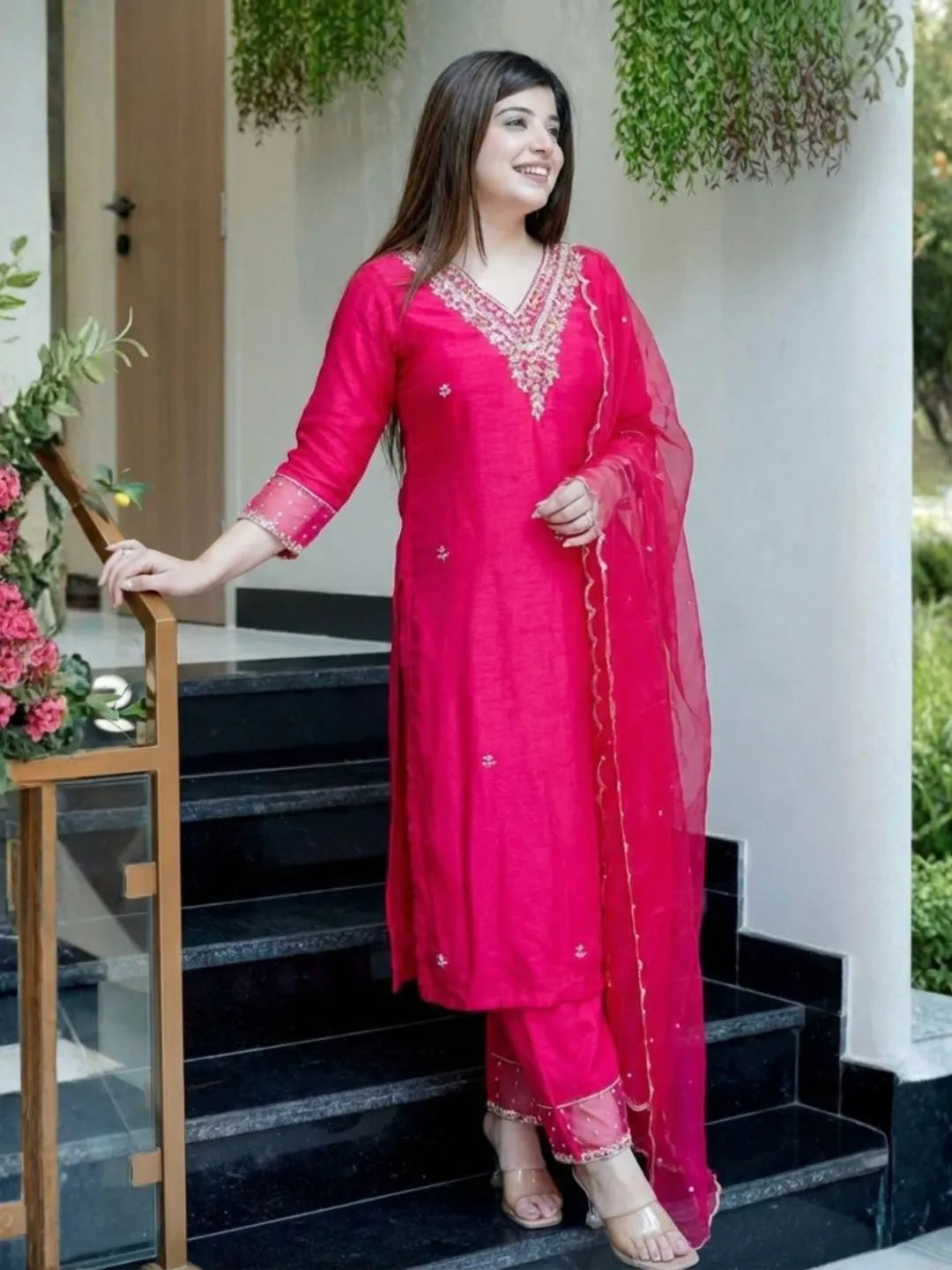 pink embroidered viscose chanderi kurta pant set