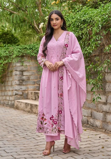 pink embroidered chanderi silk kurta set