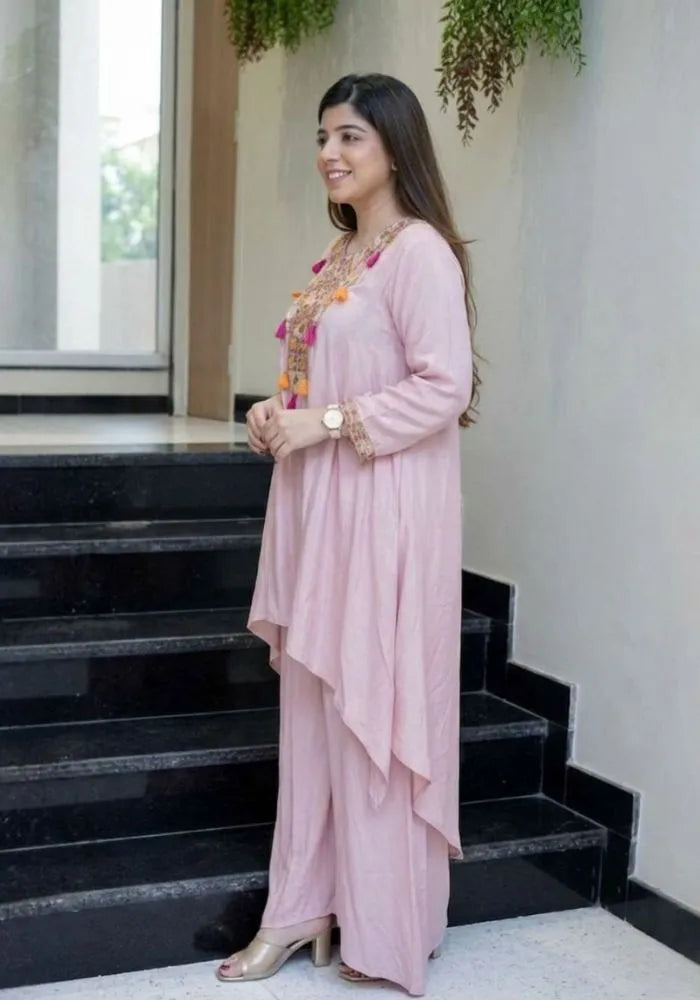 pink embroidered crepe kurta palazzo set
