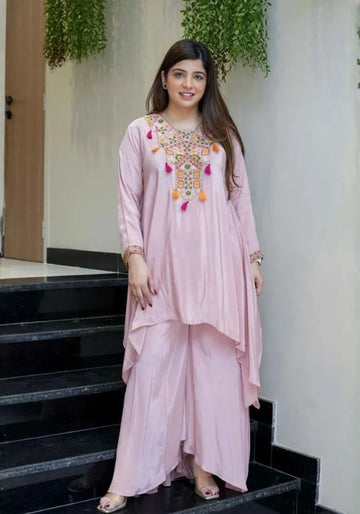 pink embroidered french crepe kurta palazzo set
