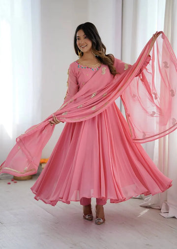 Pink Embroidered Flared Anarkali Suit