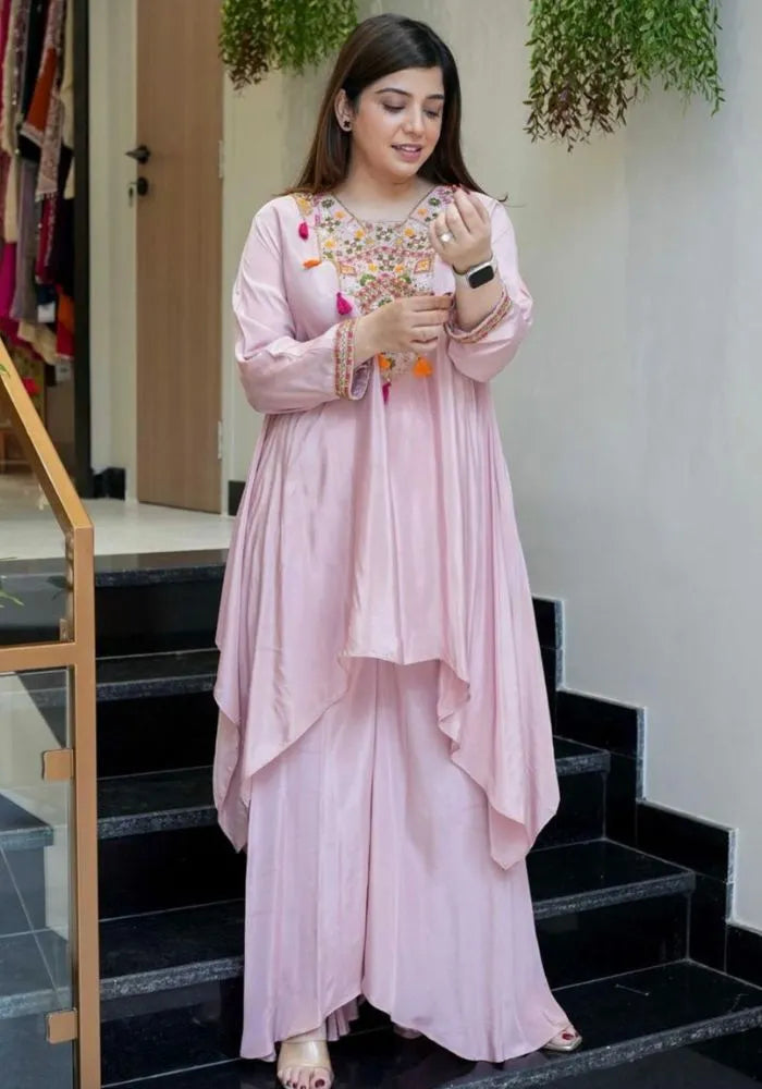 pink embroidered kurta palazzo set