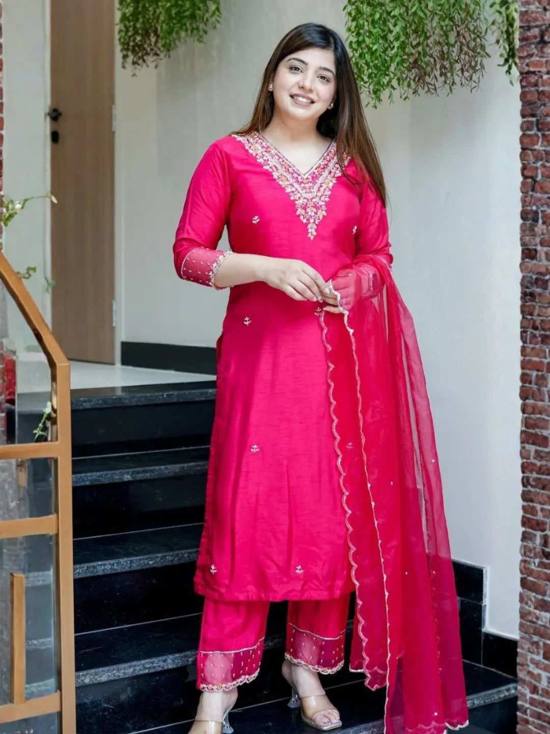pink embroidered viscose chanderi kurta pant set