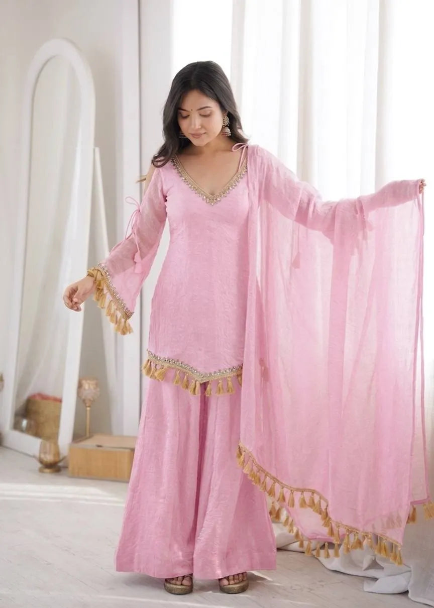 Pink Designer Doremon Crush Palazzo Set
