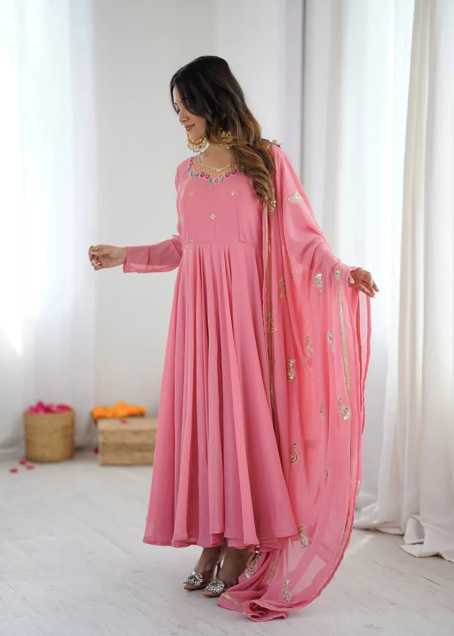 Pink Embroidered Flared Anarkali Suit