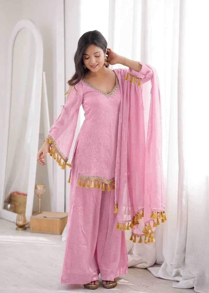 Pink Designer Doremon Crush Palazzo Set