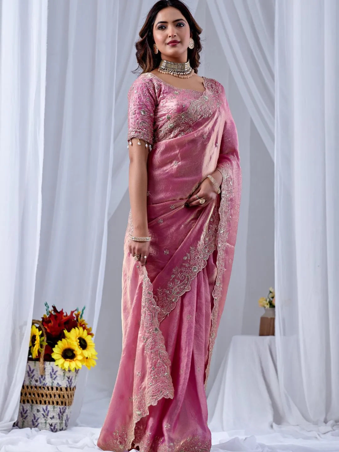 pink festive silk saree