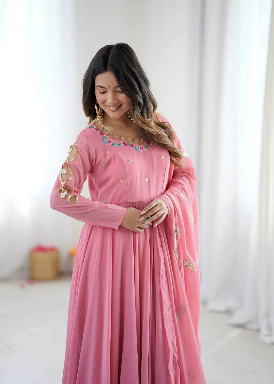Pink Embroidered Flared Anarkali Suit