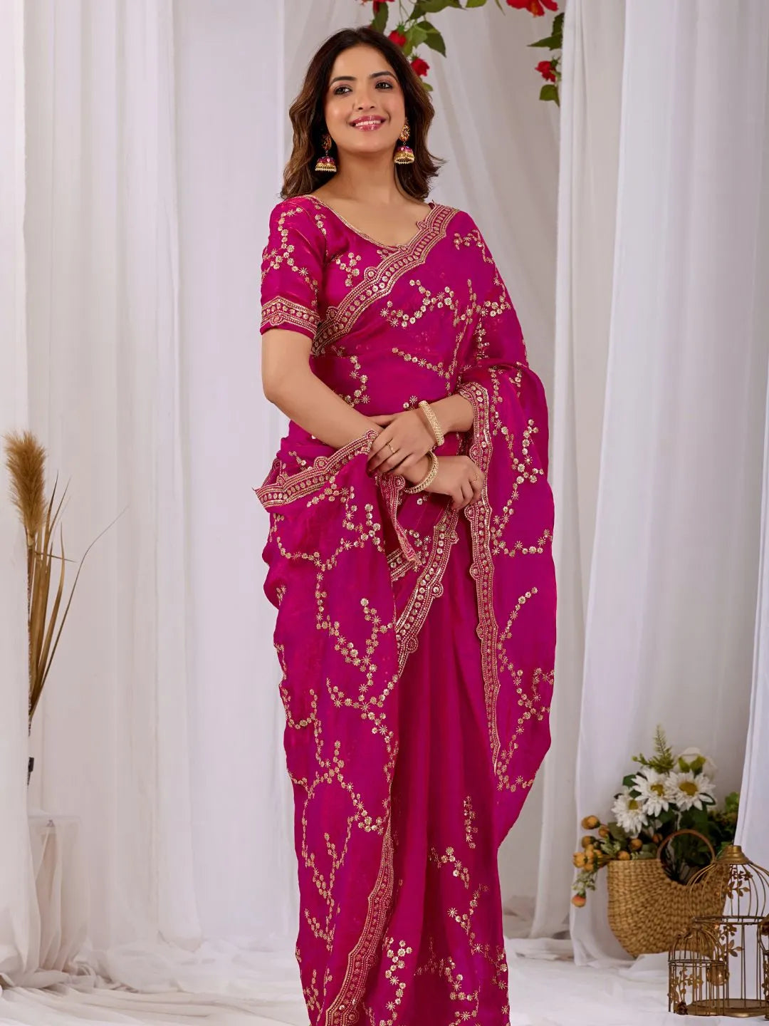 pink floral silk saree