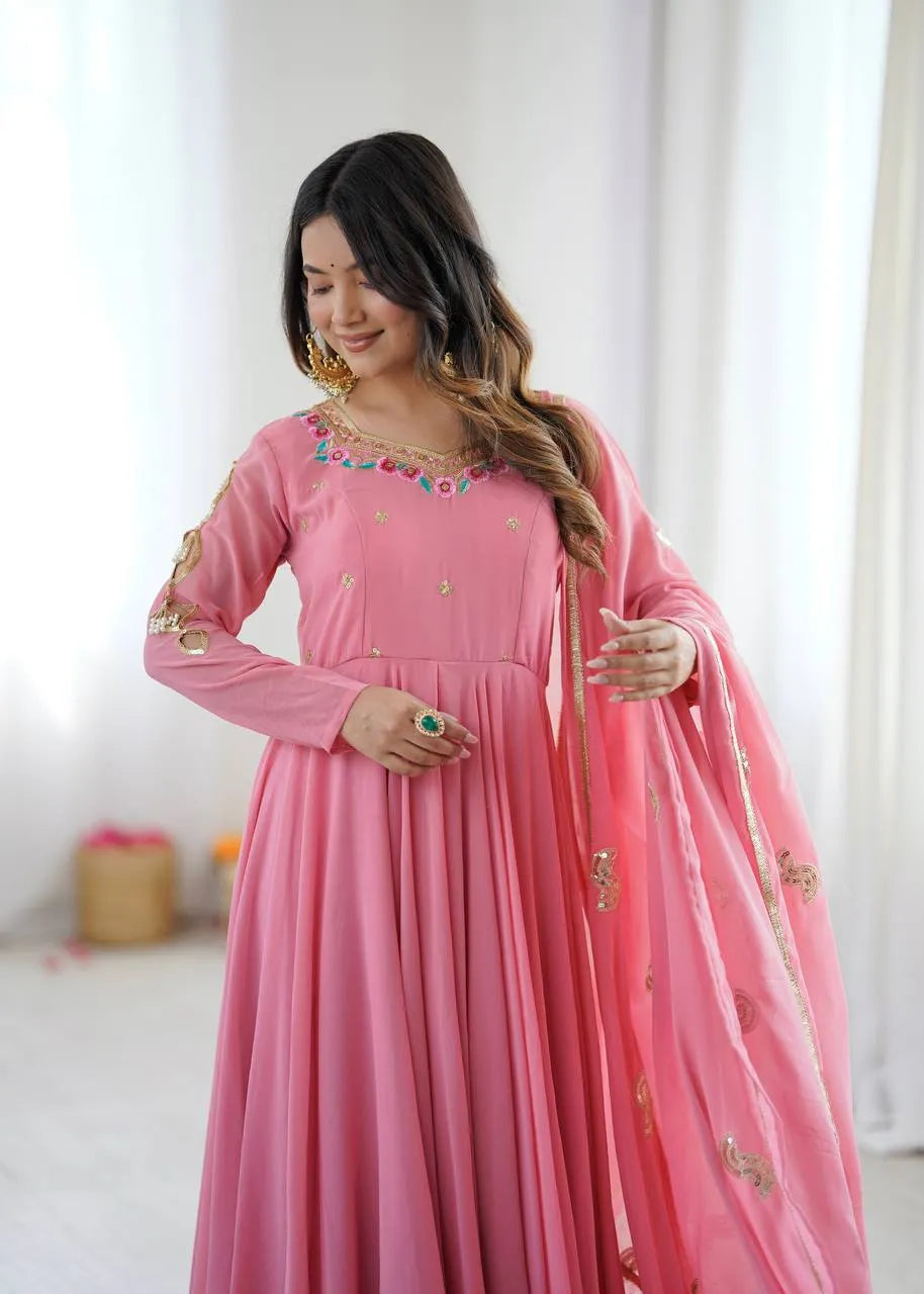 Pink Embroidered Flared Anarkali Suit