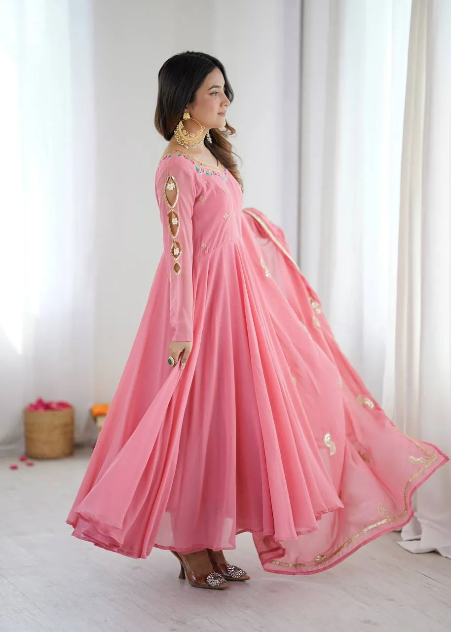 Pink Embroidered Flared Anarkali Suit