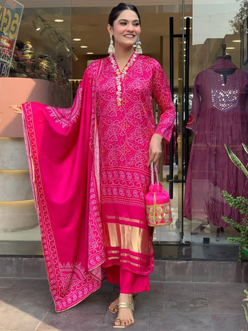 pink hand printed embroidered silk kurta set