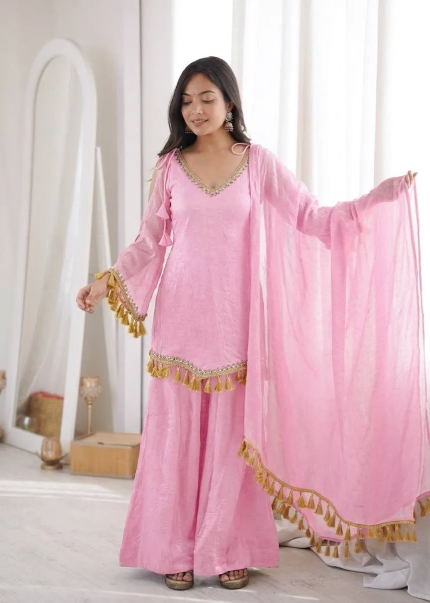 Pink Designer Doremon Crush Palazzo Set